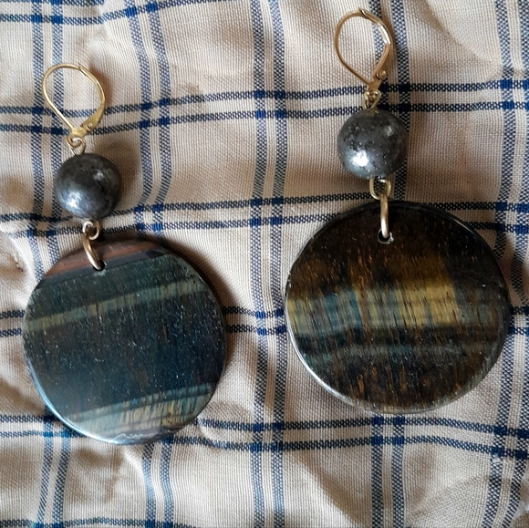 XL Blue Tiger Eye + Pyrite Earrings - Picture 2 of 3